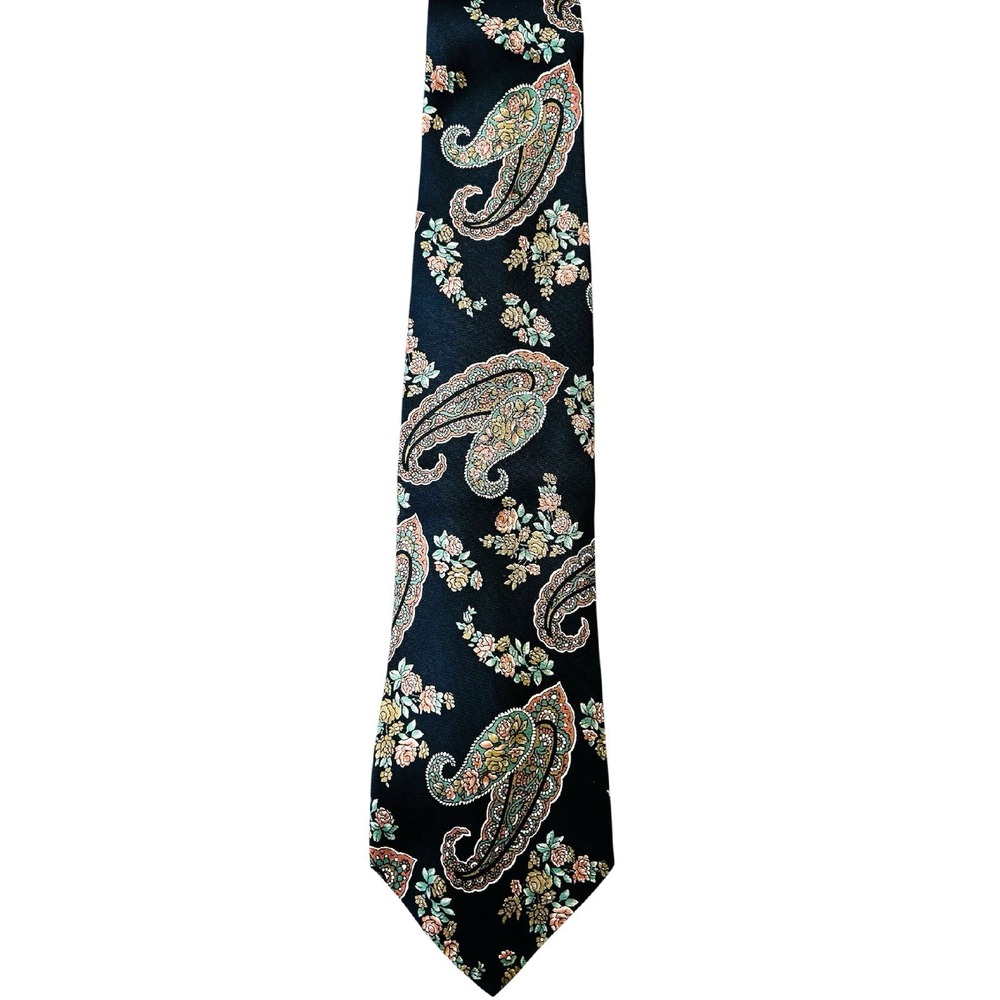 VTG Amherst & Brock‎ Silk Necktie Black Pink Green Floral Paisley Print Neck Tie - Picture 3 of 8